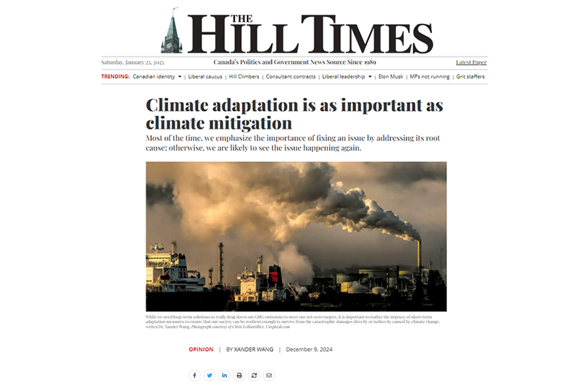 The Hill Times publishes Dr. Wang’s opinion article titled “Climate adaptation is as important as climate mitigation”